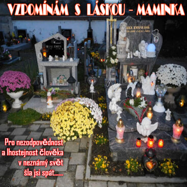 Autor:  VZPOMÍNÁM S LÁSKOU - MAMINKA
Název: Pro nezodpovědnost a lhostejnost člověka  v neznámý svět šla jsi spát......